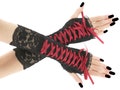Gothic gloves black burgundy women fingerless mittens, arm warmers gothic goth costume elbow length gloves evening lacing corset, all sizes