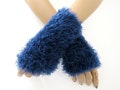 Handmade Knitted Mittens Faux Fur Indigo blue, Women's Fingerless Gloves, Winter Wrist Warmers