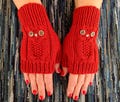 Owl lovers mitts | Terracotta fingerless gloves with owls | Hand knit owls womens mittens |Texting fingerless knit gloves | Gift for her