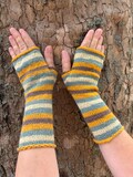 Hand Knit Wool Fingerless Gloves – Mustard & Olive Striped – Natural Yarn – Warm Autumn Mittens – Cozy Gift for Her