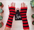 Thick Stripey Red Black Arm Warmers - Personalised Bag Striped Fingerless Hand Gloves Fancy Dress Girls Custom Name Halloween Costume Gift