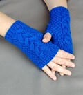 Handmade Wool Cable Knit Wrist Warmers | Blue Knit Fingerless Gloves Women | Cozy Autumn Winter Mittens | Knitted Hand Warmers Gift for Her