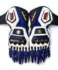 SUZUKI GSXR Biker Racing Gloves Premium Quality Cowhide Leather Gloves Mens Blue& white Leather Gloves Road safety Gloves Best Gift for Him