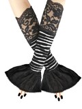 Elegant striped fingerless gloves glamour evening ruffled white black lace long arm warmers sleeves  handmade XS - 3XL