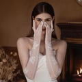 Elegant Long White Beaded Bridal Gloves – Ivory Opera Length Wedding Gloves,Vintage Sheer Beaded Formal Gloves for Bride & Special Occasions