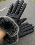 Women's Sheepskin Leather Gloves with Faux Fur Cuffs – Touchscreen Winter Gloves – Fleece Lined Wrist-Length Black Gloves