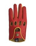Red Gold Leather Driving Gloves for Men – Touchscreen Luxury Designer Gloves with Reverse Stitching – Soft Premium Leather Car Racing Gloves