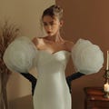 Handcrafted Floral Bridal Gloves Black Velvet|Detachable Long Opera Gloves with Ivory Flower|Elegant Statement Gloves for Wedding&Photoshoot