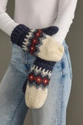 Cream, Blue, Red & Gray Patterned Mittens | Fleece Lined Mittens | Patterned Mittens | Women's Mittens | Winter Mittens | Knit Mittens
