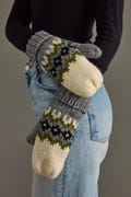 Cream, Green, Black & Gray Patterned Mittens | Fleece Lined Mittens | Patterned Mittens | Women's Mittens | Winter Mittens | Knit Mittens