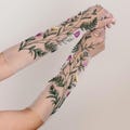 Tulle Wedding Gloves with Wildflower Meadow Handmade Embroidery, Full Finger Elbow Length Bridal Gloves