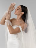 Modern Ivory Bridal Gloves, Minimalist Wedding Gloves with Feather Trim, Contemporary Short Bride Gloves, Chic Wedding Accessories