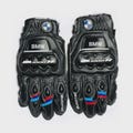 BMW Motorrad M 1000 R Motorcycle Gloves - Black Leather Race Gloves with Red and Blue Stripes