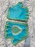 Green leather fingerless gloves woman
