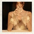 Wedding Bridal Lace Gloves – Short Mesh Gloves with Bow and Pearls, Elegant Lace Mittens for Bride Accessories