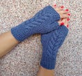 Denim melange fingerless mittens | Hand knit cable gloves | Women’s wool blend arm warmers | Cozy winter texting gloves