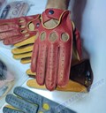 Men's car driving gloves, soft Italian nappa lamb leather, light brown with green color mix driving gloves