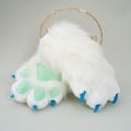 Fursuit Partial Costume, Fluffy Gloves for Cosplay and Themed Events, Furry Paws with White Fur Green pad Bule Claws, Gift for Christmas