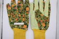 Mustard Yellow Green Rose PVC Cotton Machine Washable Garden Gloves